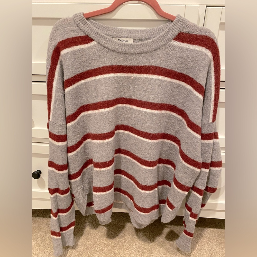 Madewell grey, white, maroon cozy striped sweater size large